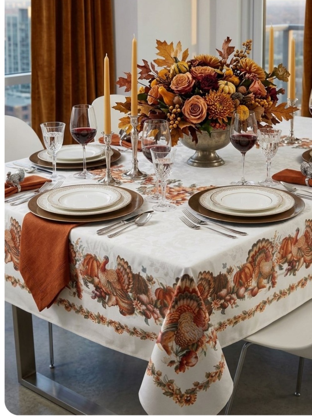 Thanksgiving Turkey Tablecloth Pumpkin Harvest White and Orange 60”x104”
